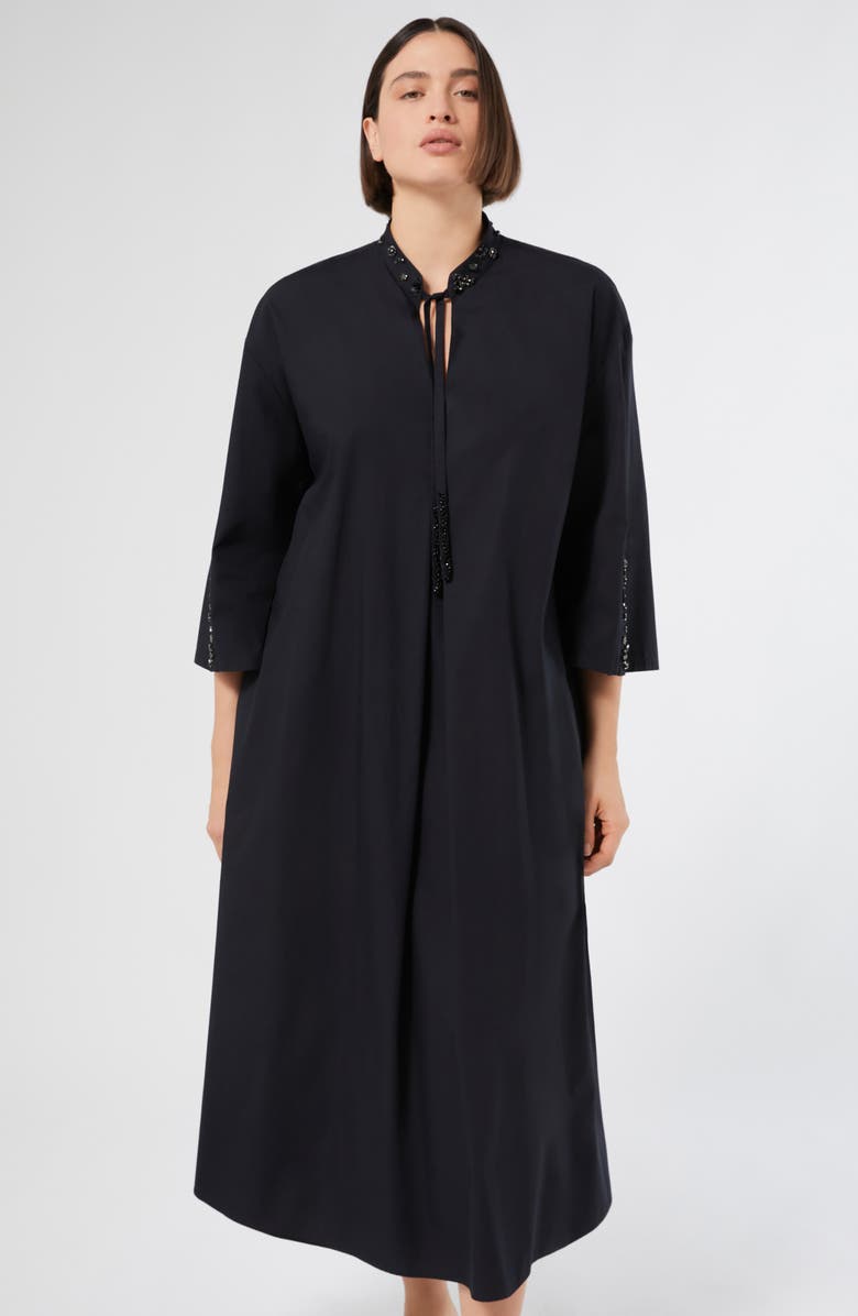 Marina Rinaldi Sulmona Bead Detail Tie Neck Cotton Poplin Dress, Alternate, color, Black
