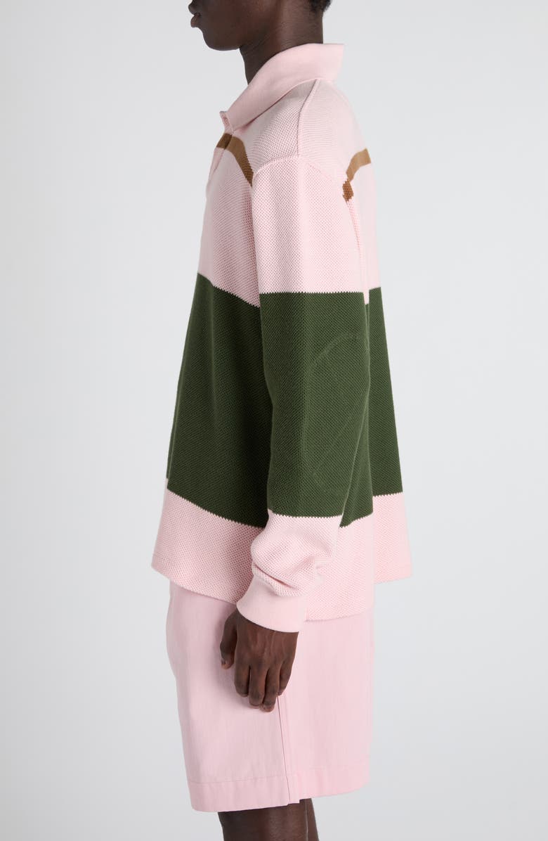 Bottega Veneta Jumbo Stripe Long Sleeve Cotton Piqué Polo, Alternate, color, 6334 Camelia/ Camo/ Jute