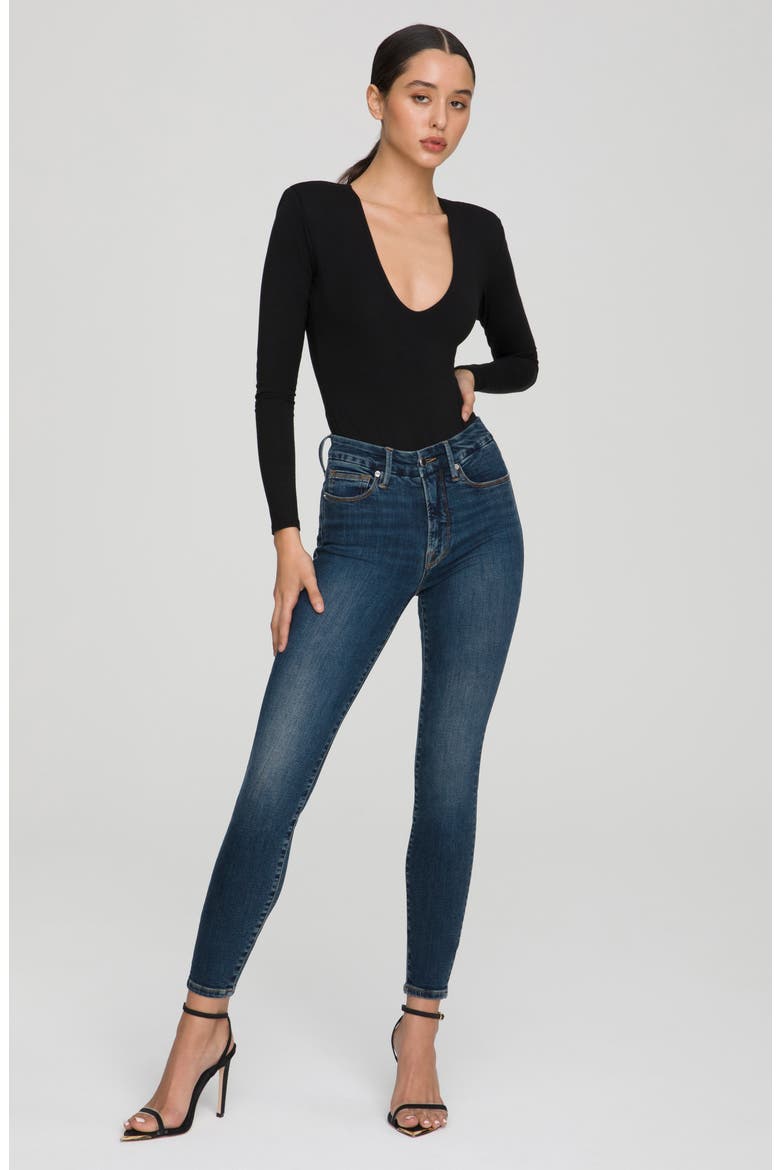 Good Legs Deep-V High Waist Ankle Skinny Jeans, Alternate, color, BLUE609