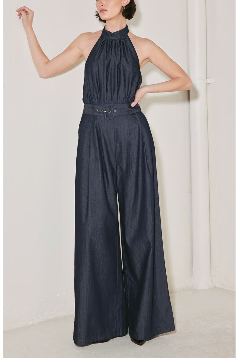 Halter Neck Denim Jumpsuit, Alternate, color, DENIM