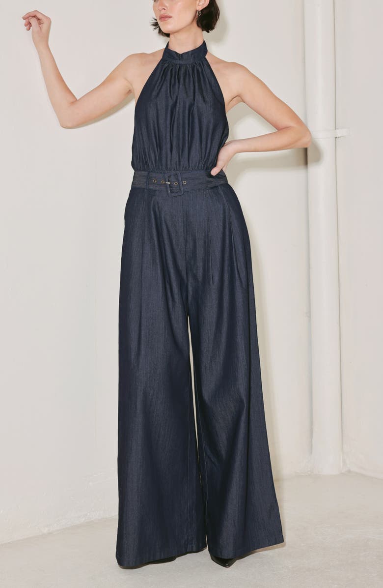 FREEMARKET Halter Neck Denim Jumpsuit, Alternate, color, Denim