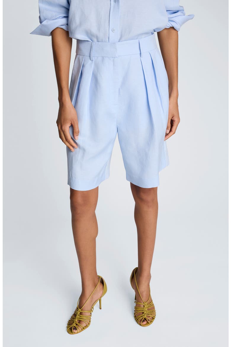 Pleated Linen Bermuda Shorts, Main, color, BLUE DAWN