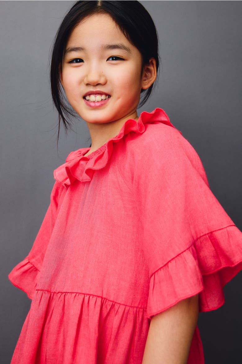 Frill-collared Linen Dress, Alternate, color, Coral red