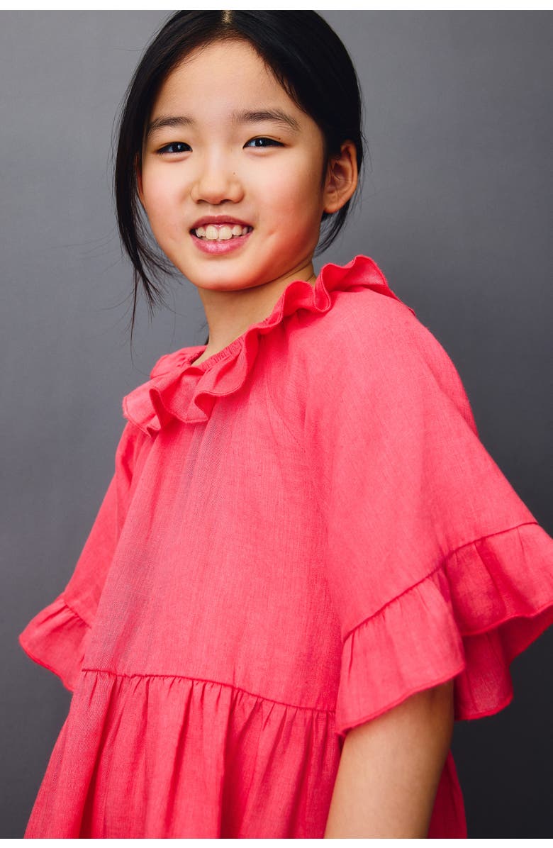 H&M Frill-collared Linen Dress, Alternate, color, Coral Red