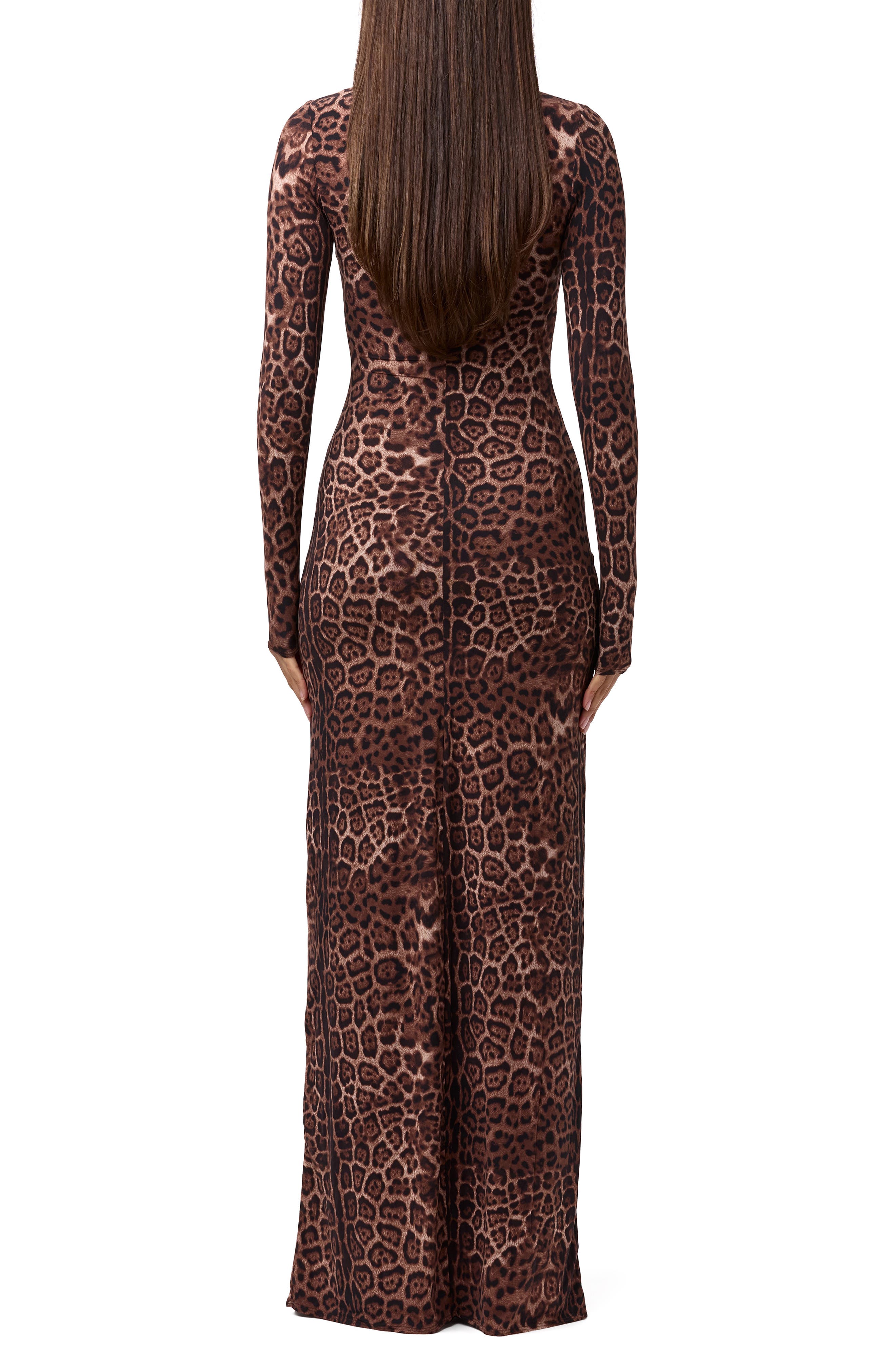 naked wardrobe leopard print long sleeve maxi dress Leopard Print Long Sleeve Body-Con Maxi Dress (Women)