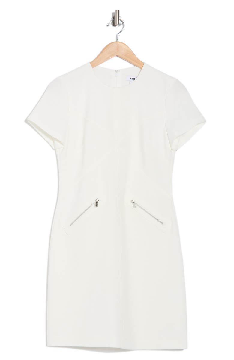 DKNY Crosshatch Stretch Short Sleeve Sheath Dress, Alternate, color, Ivory