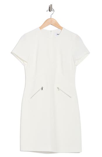 Dkny Crosshatch Stretch Short Sleeve Sheath Dress In White