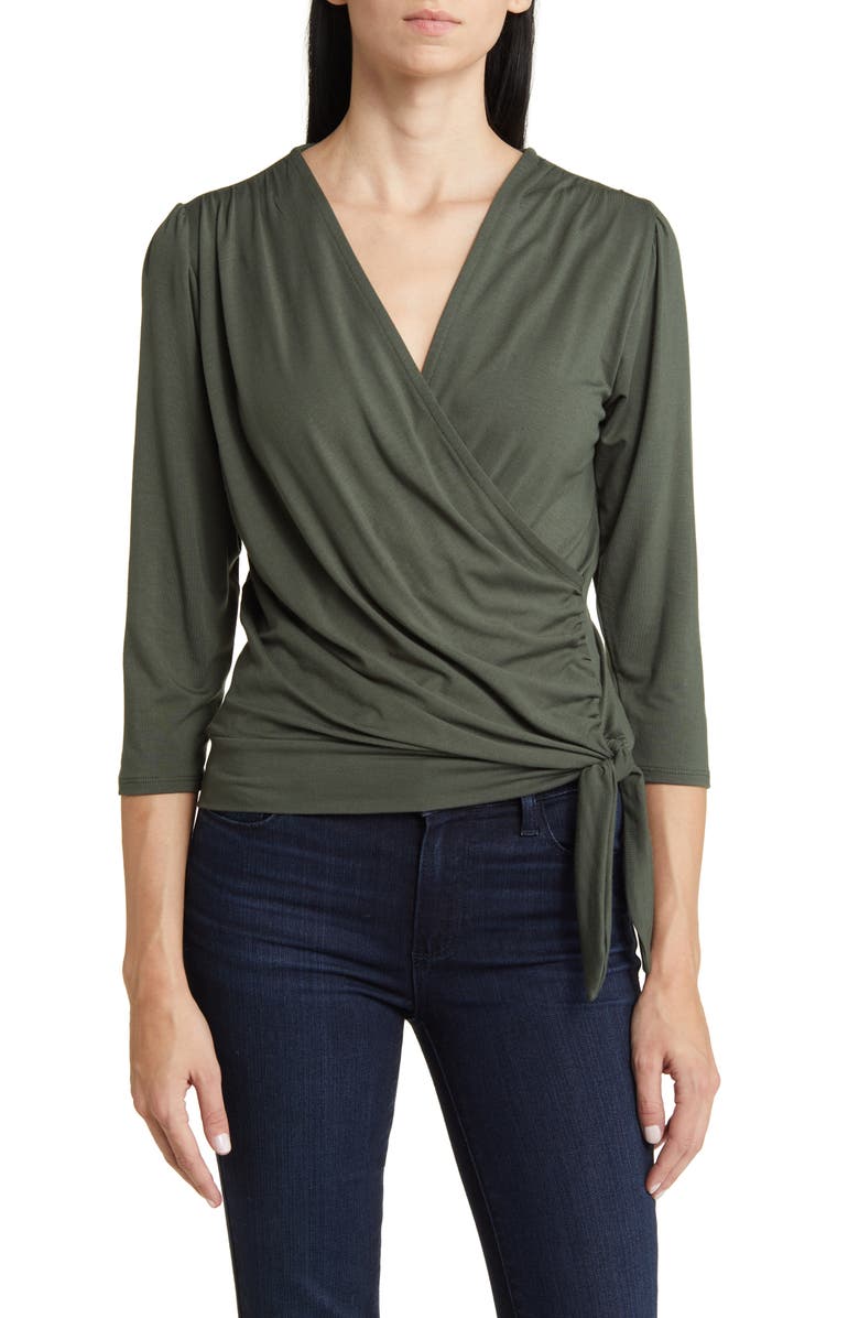 Loveappella Faux Tie Wrap Top, Main, color, Olive