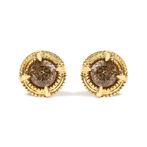 14K Yellow Gold Plated Silver 1/2 Ct Diamond Solitaire Milgrain Stud Earrings