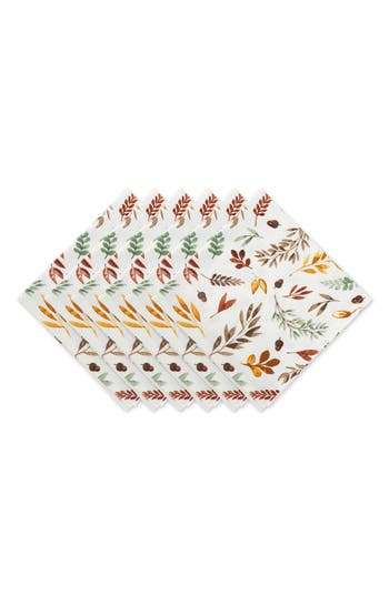 Design Imports Set Of 6 Falling Leaves Print Cotton Napkins In White