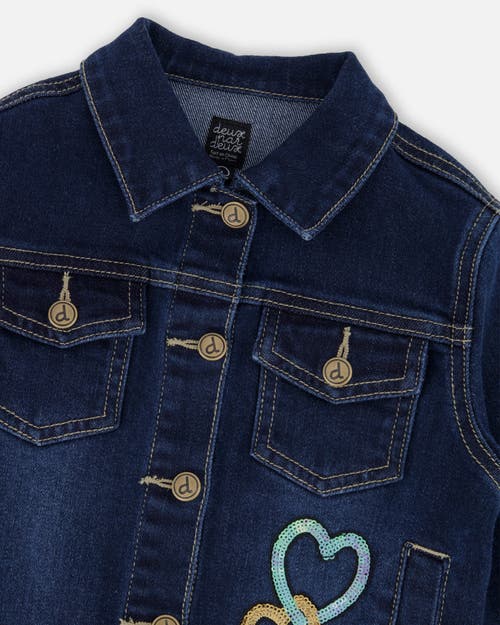 Deux Par Deux Stretch Denim Jacket With Glittery Hearts And Unicorn In Blue