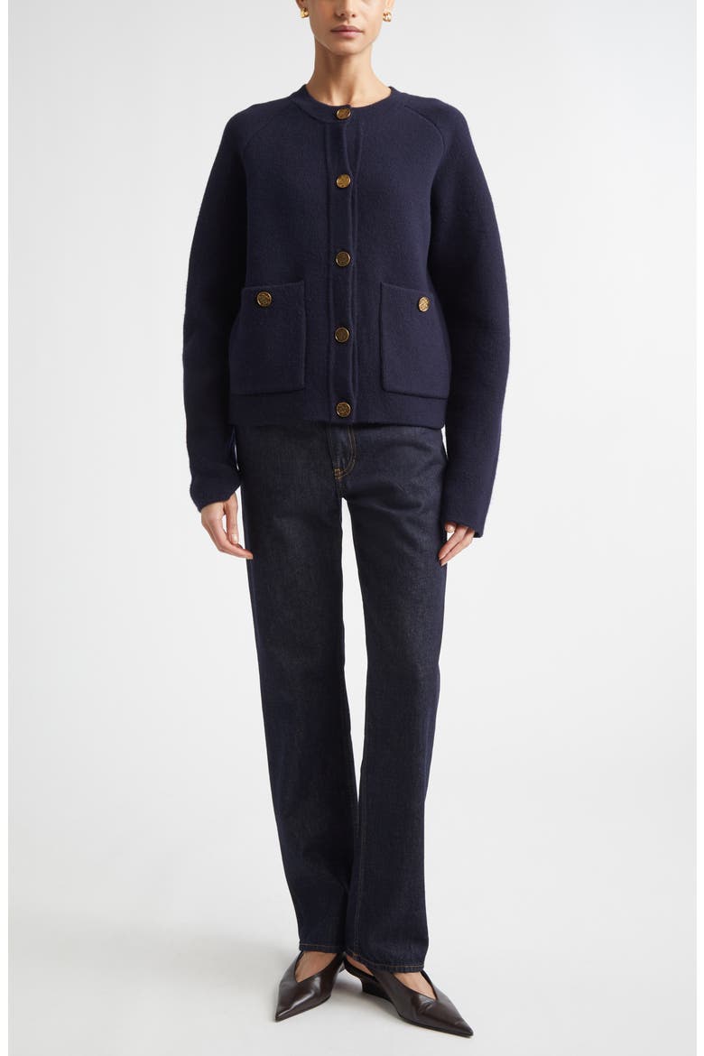 Hammered Button Cashmere & Wool Cardigan, Alternate, color, NAVY