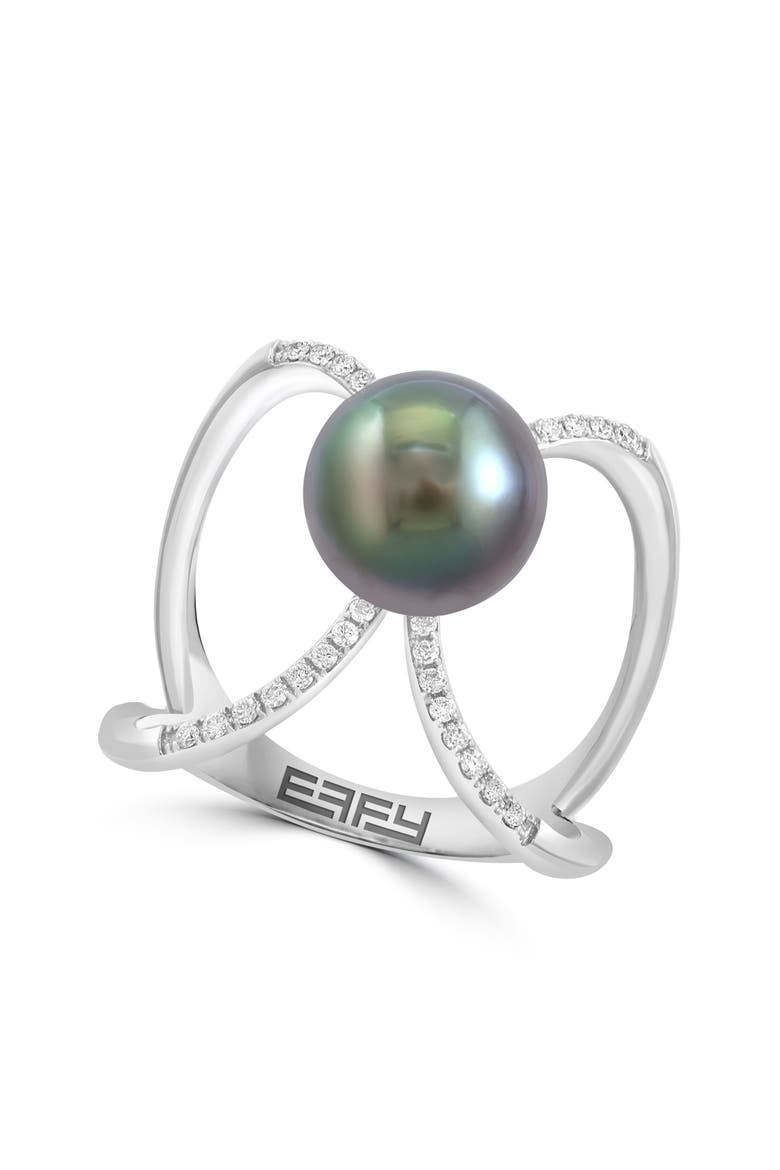 14K White Gold Crossover Diamond  Floating Center Black/Tahitian Pearl Ring, Main, color, 14K Gold
