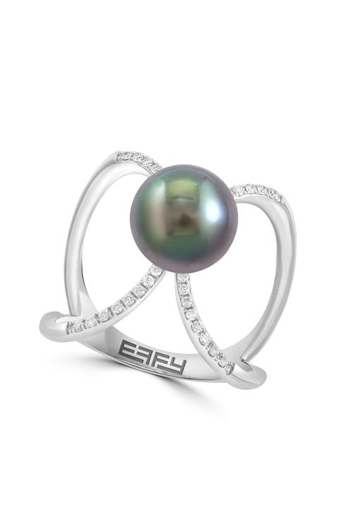 14K White Gold Crossover Diamond  Floating Center Black/Tahitian Pearl Ring