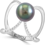 EFFY 14K White Gold Crossover Diamond Floating Center Black/Tahitian Pearl Ring
