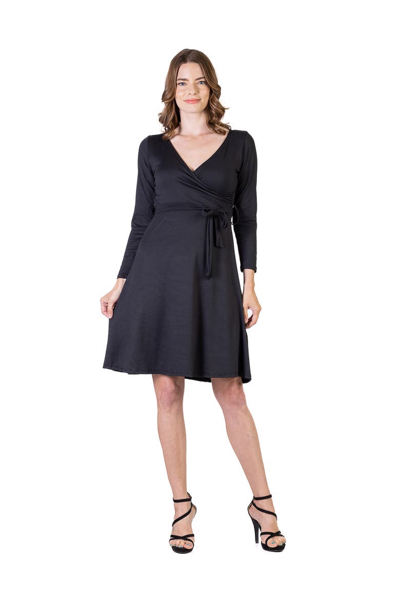 Chic V-Neck Long Sleeve Belted Dress, Main, color, Black