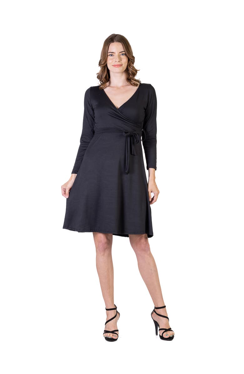 24seven Comfort Apparel Chic V-Neck Long Sleeve Belted Dress, Main, color, Black