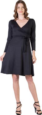 24seven Comfort Apparel Chic V-Neck Long Sleeve Belted Dress