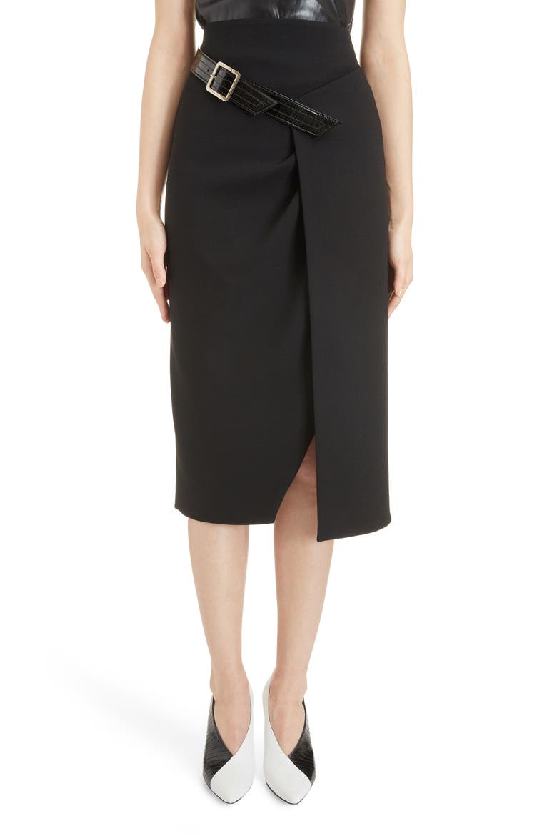 Belt Detail Wool Wrap Skirt, Main, color, BLACK