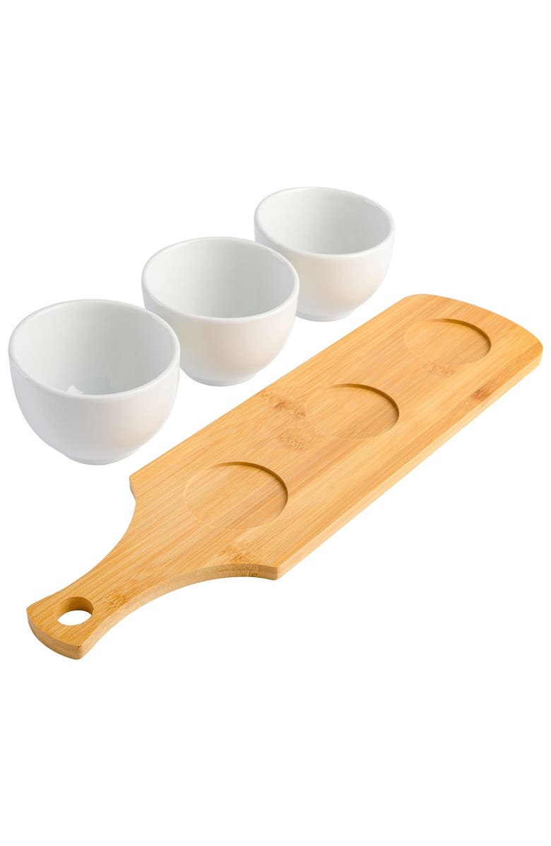 Gibson Gracious Dining 3 Piece White Fine Ceramic Tidbit Bowl Set with Wood Serving Tray, Alternate, color, White