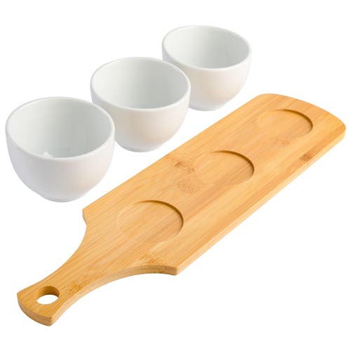 Gibson Gracious Dining 3 Piece White Fine Ceramic Tidbit Bowl Set With Wood Serving Tray In White