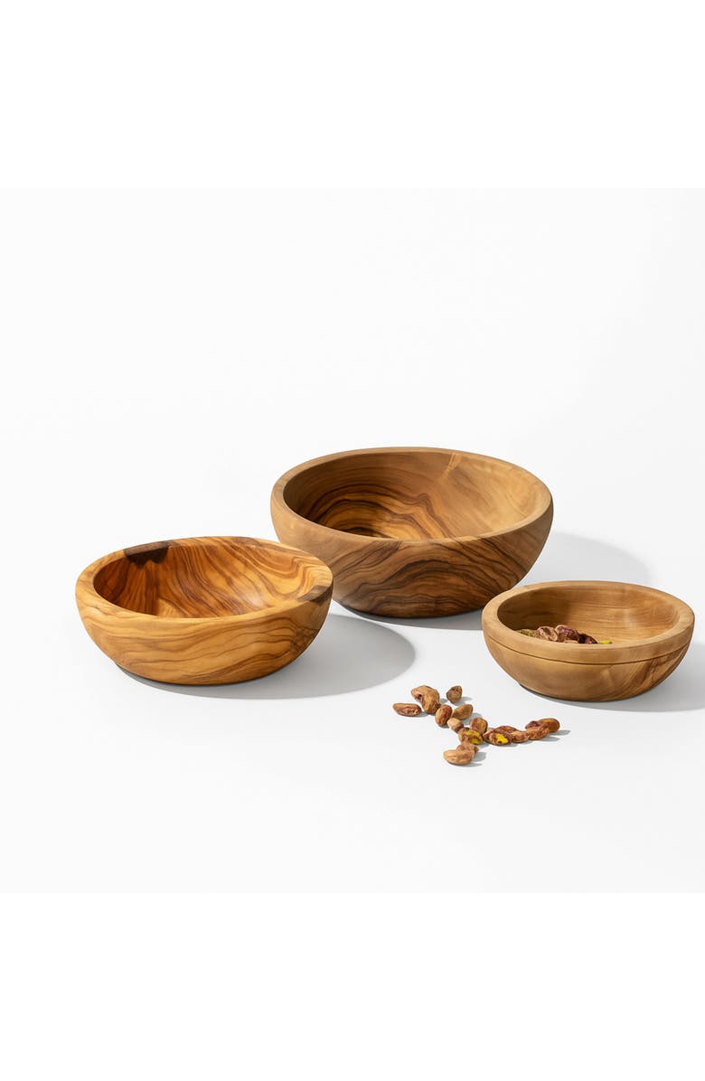 Gharyan Stoneware Natural Olive Wood Nesting Bowls - Set of 3, Alternate, color, Natural