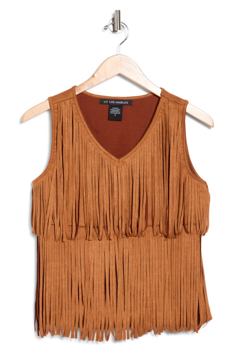 Tiered Fringe Faux Suede Tank, Main, color, CAMEL