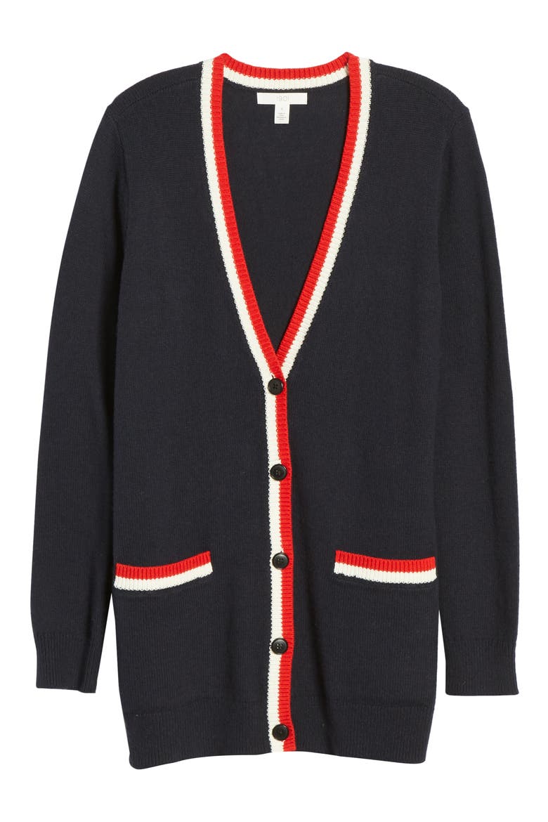 Tipped Long Cardigan, Alternate, color, NAVY- IVORY RED TIP