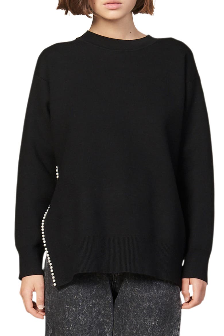 Imitation Pearl Trim Sweater, Main, color, BLACK
