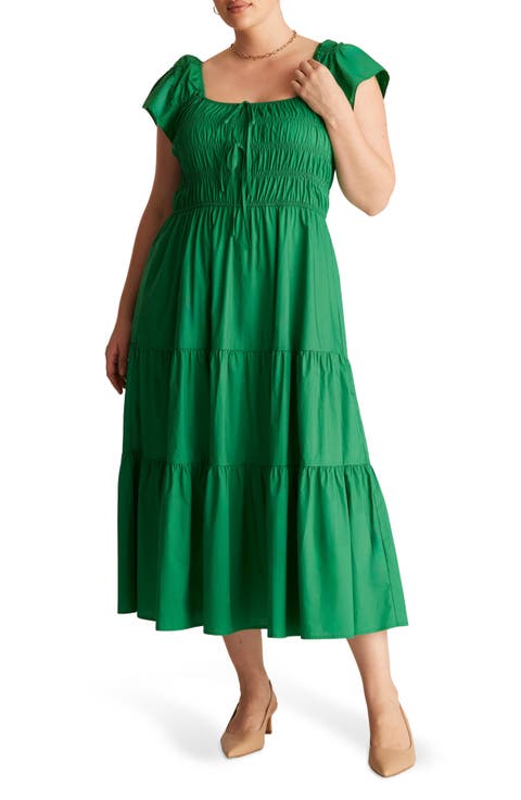 Alana Smocked Fit & Flare Cotton Tiered Midi Dress (Plus)