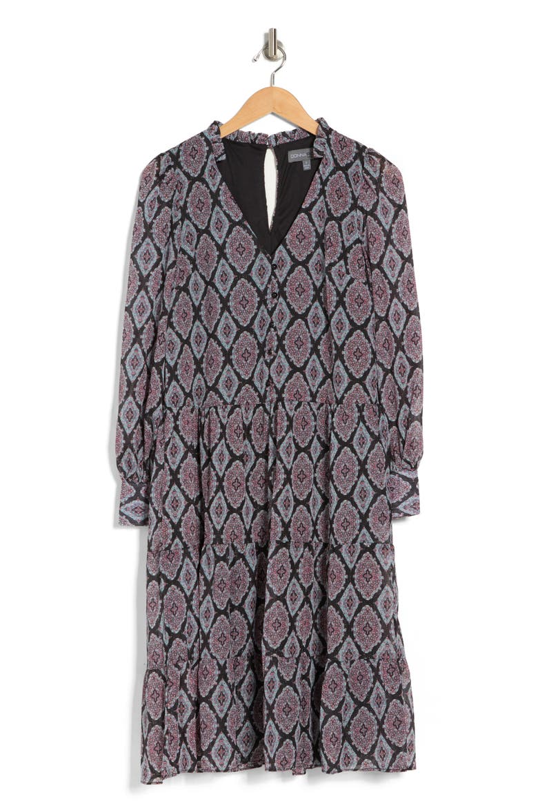 Long Sleeve Tiered Shift Dress, Alternate, color, BLACK/MULT