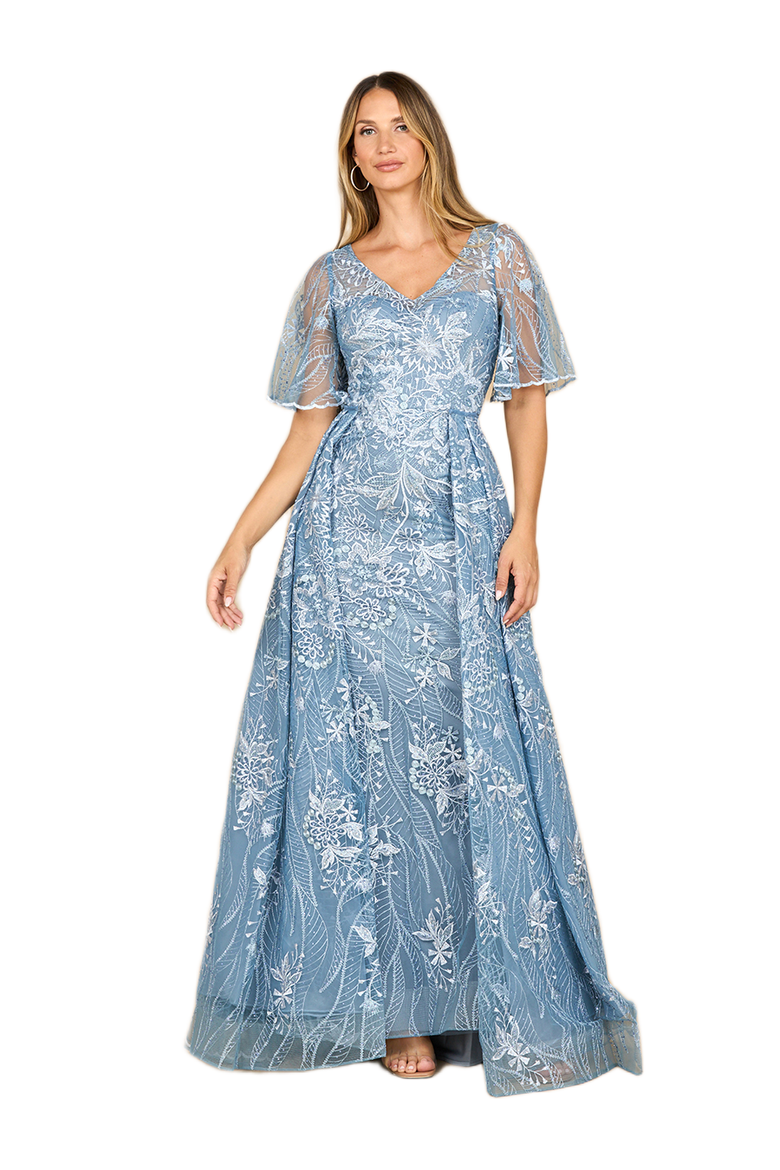 Overskirt Lace Fitted V-Neck Gown with Cape Sleeves, Alternate, color, Blue