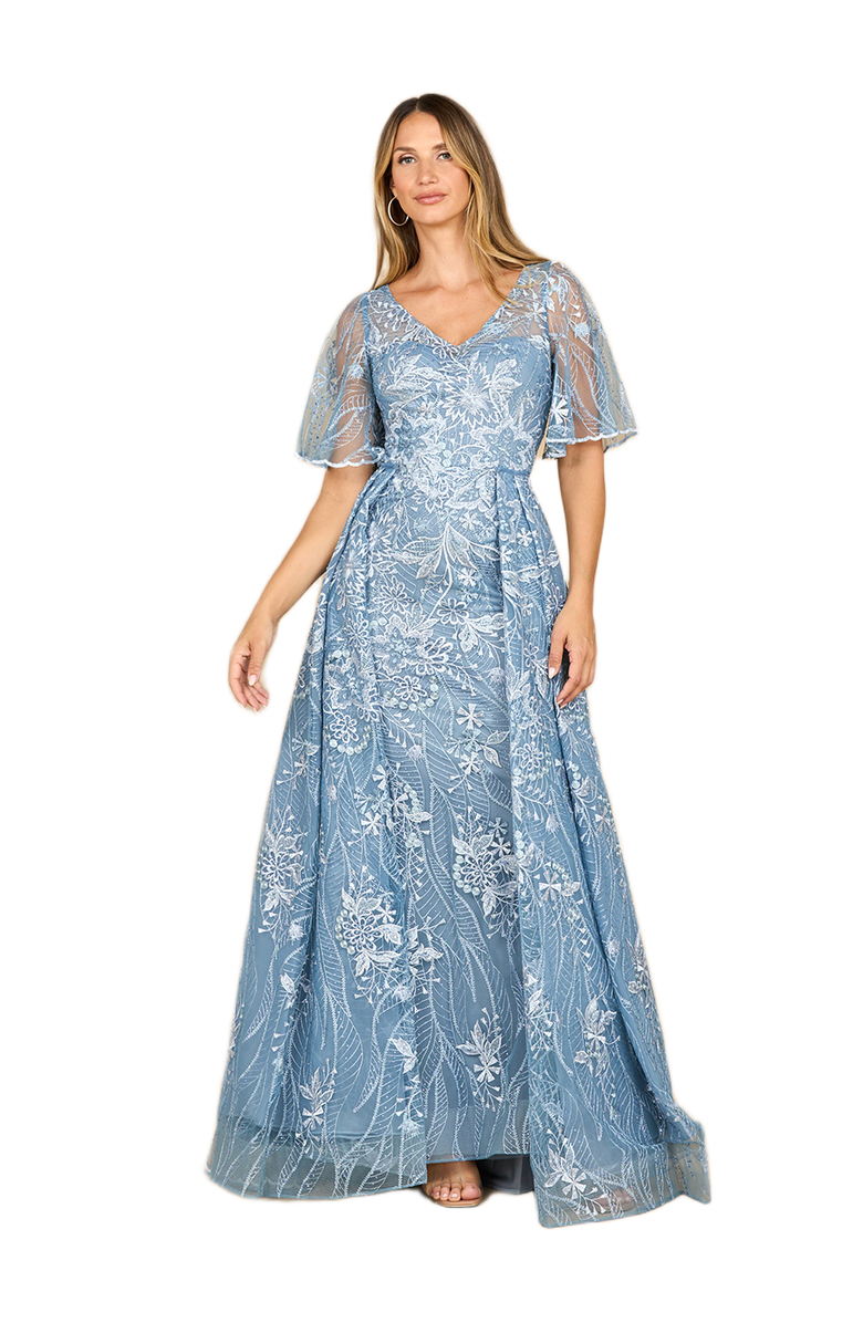 LARA New York Overskirt Lace Fitted V-Neck Gown with Cape Sleeves, Alternate, color, Blue
