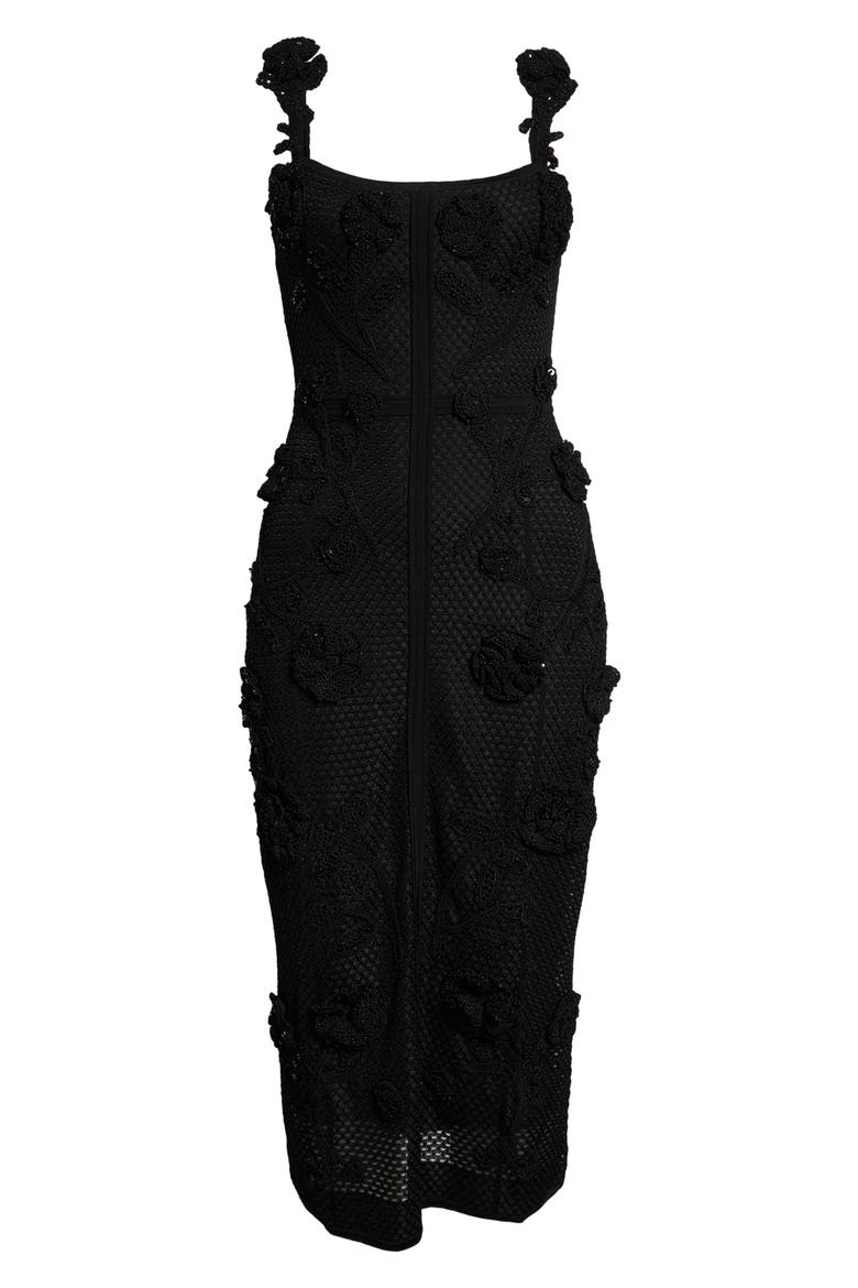 Sequin & Crochet Flower Mesh Gown, Alternate, color, BLACK