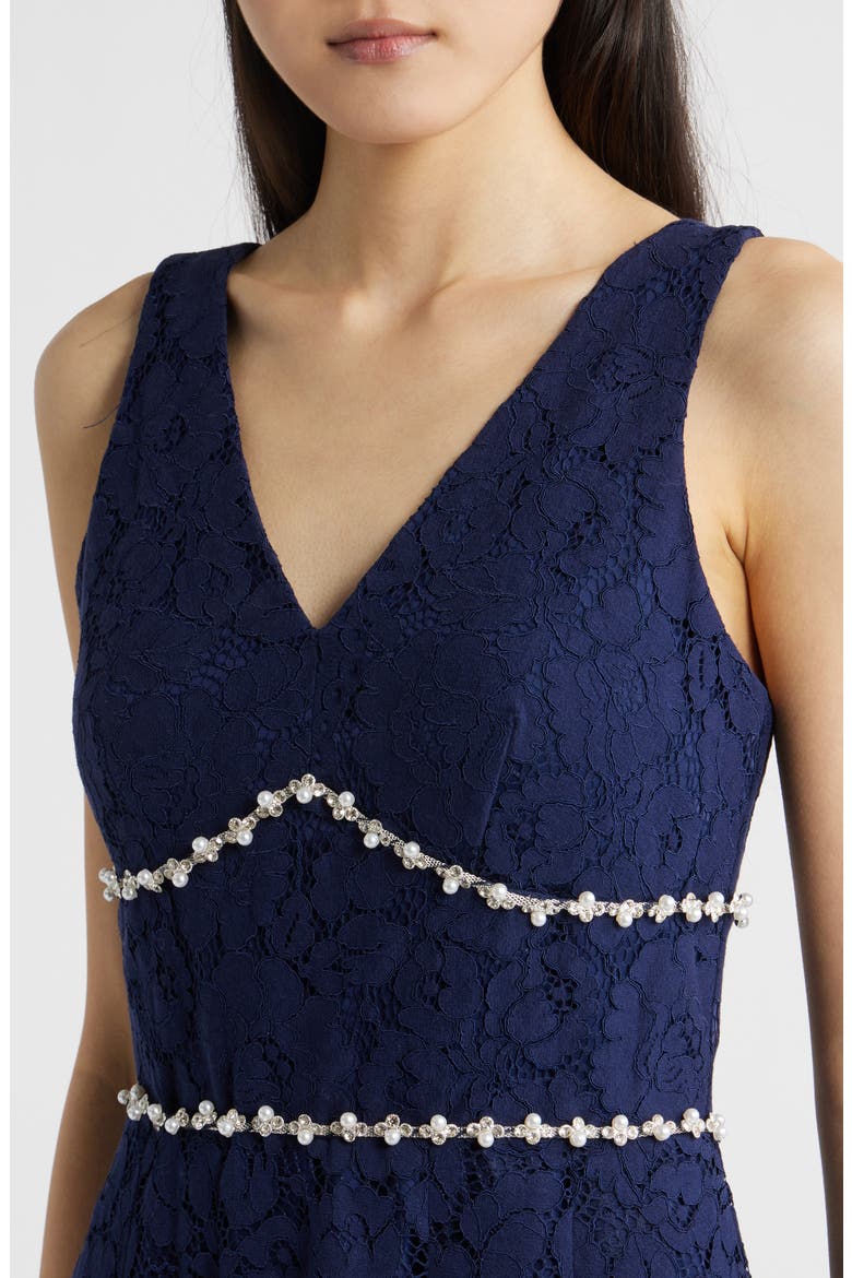 Faux Pearl & Rhinestone Detail Floral Lace Cocktail Midi Dress, Alternate, color, NAVY