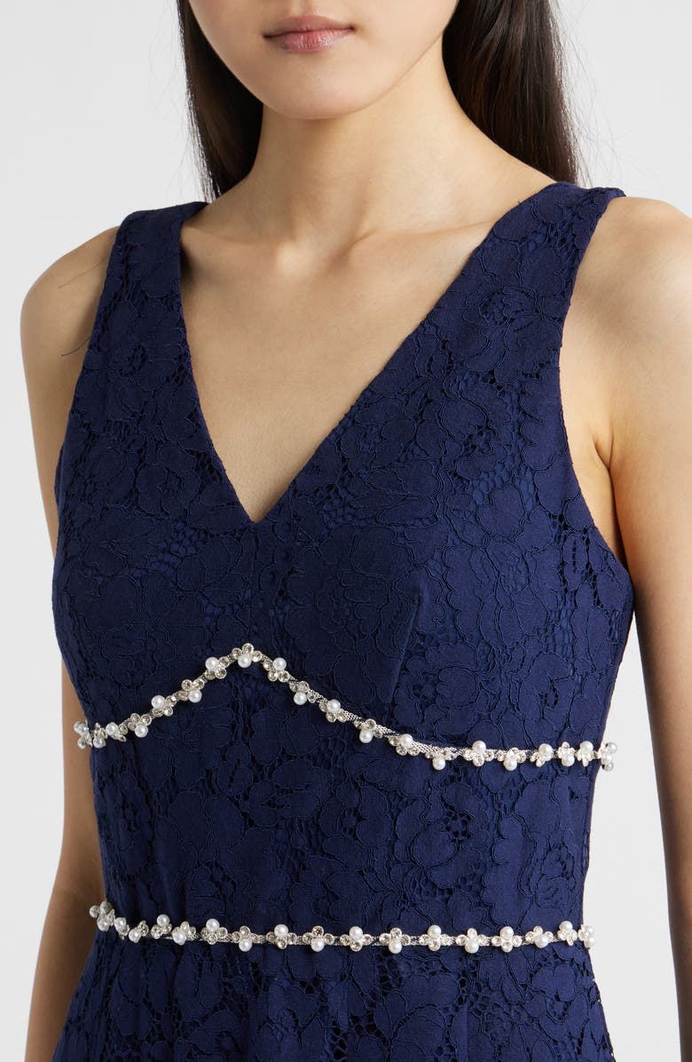 Tahari ASL Faux Pearl & Rhinestone Detail Floral Lace Cocktail Midi Dress, Alternate, color, Navy