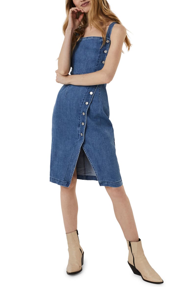 Julia Asymmetrical Button Front Denim Sundress, Alternate, color, MEDIUM BLUE DENIM