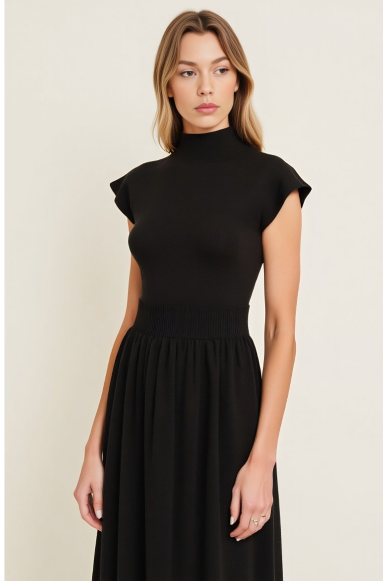 Scallop Edge Mock Neck Sleeveless Knit Midi Dress with Flared Skirt, Alternate, color, Black