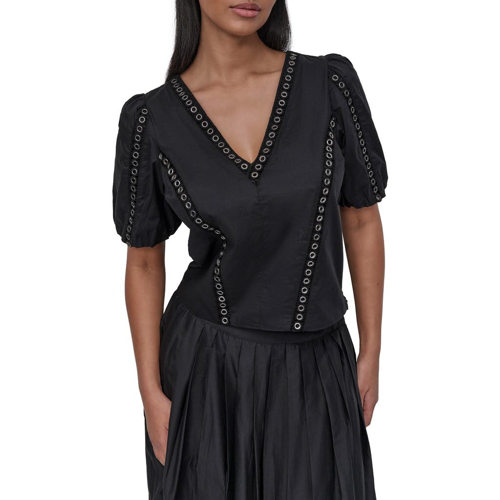 Dkny Puff Sleeve Grommet Detail Cotton Voile Shirt In Black
