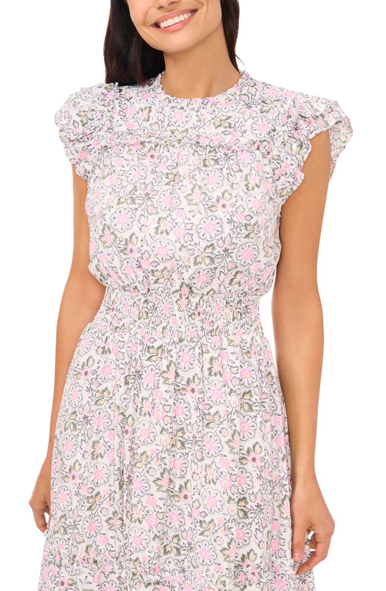 CeCe Floral Print Flutter Sleeve Midi Dress, Alternate, color, 