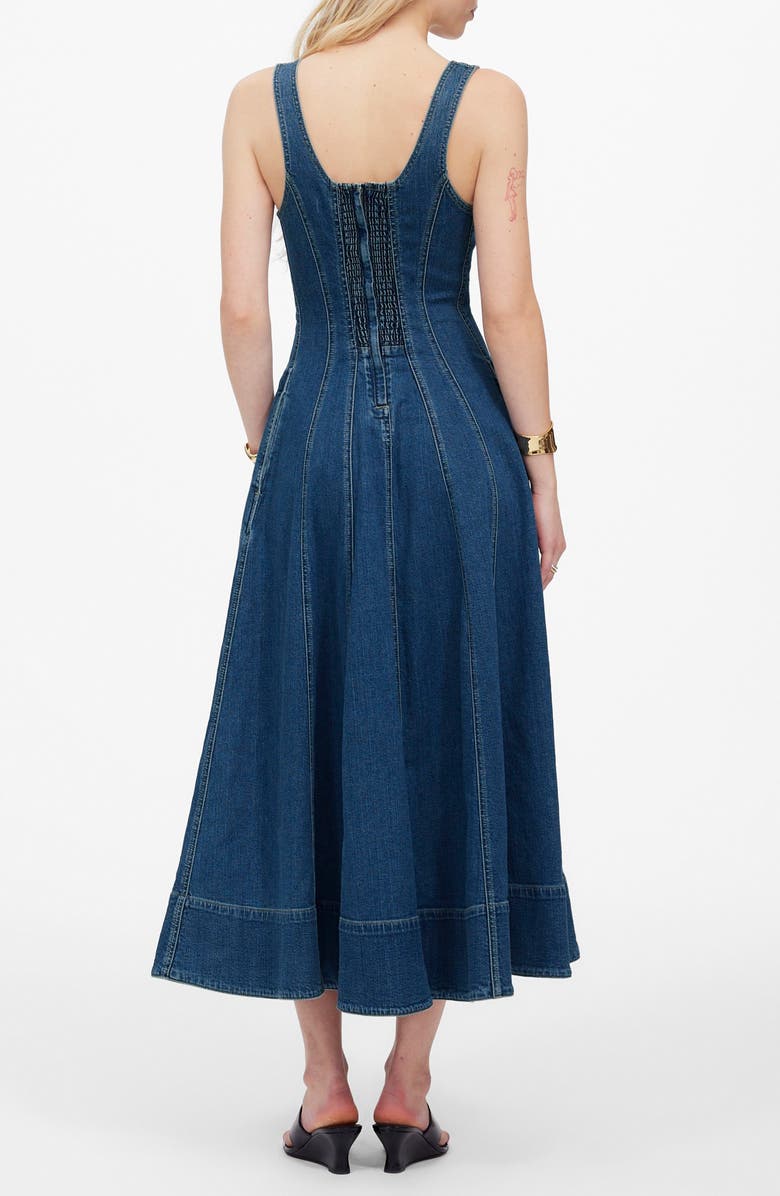 Madewell Seamed Denim Flare Midi Dress, Alternate, color, Croswell Wash