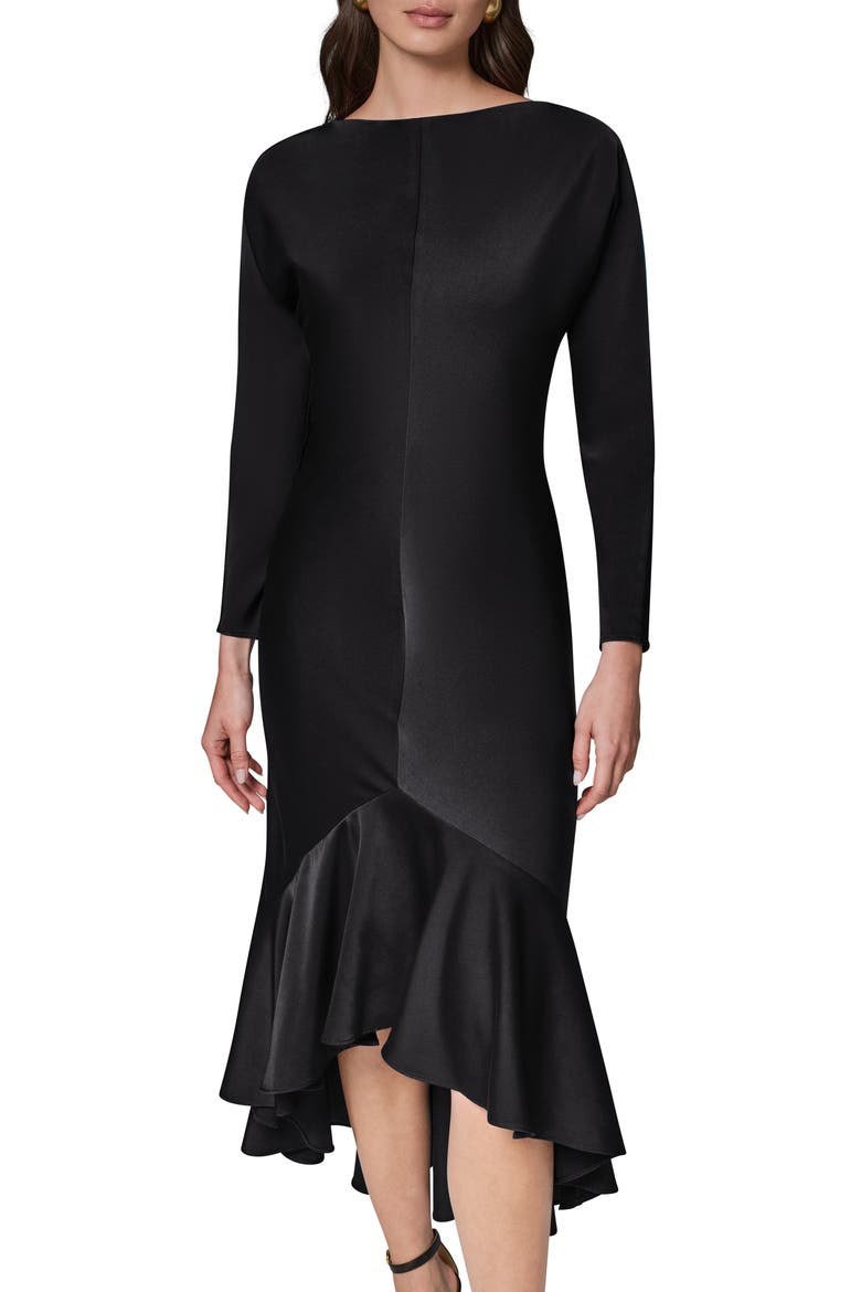Long Sleeve Satin Mermaid Cocktail Dress, Alternate, color, BLACK