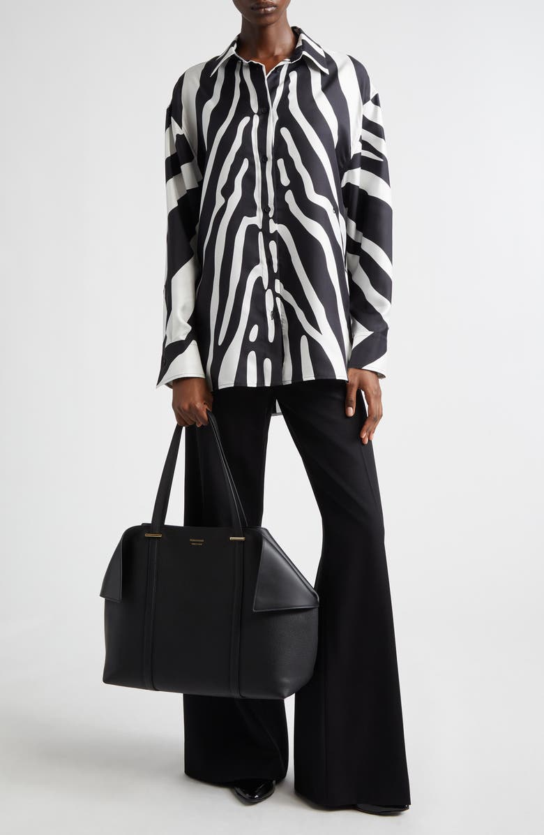 FERRAGAMO Animal Print Silk Button-Up Shirt, Alternate, color, Mascarpone/ Nero