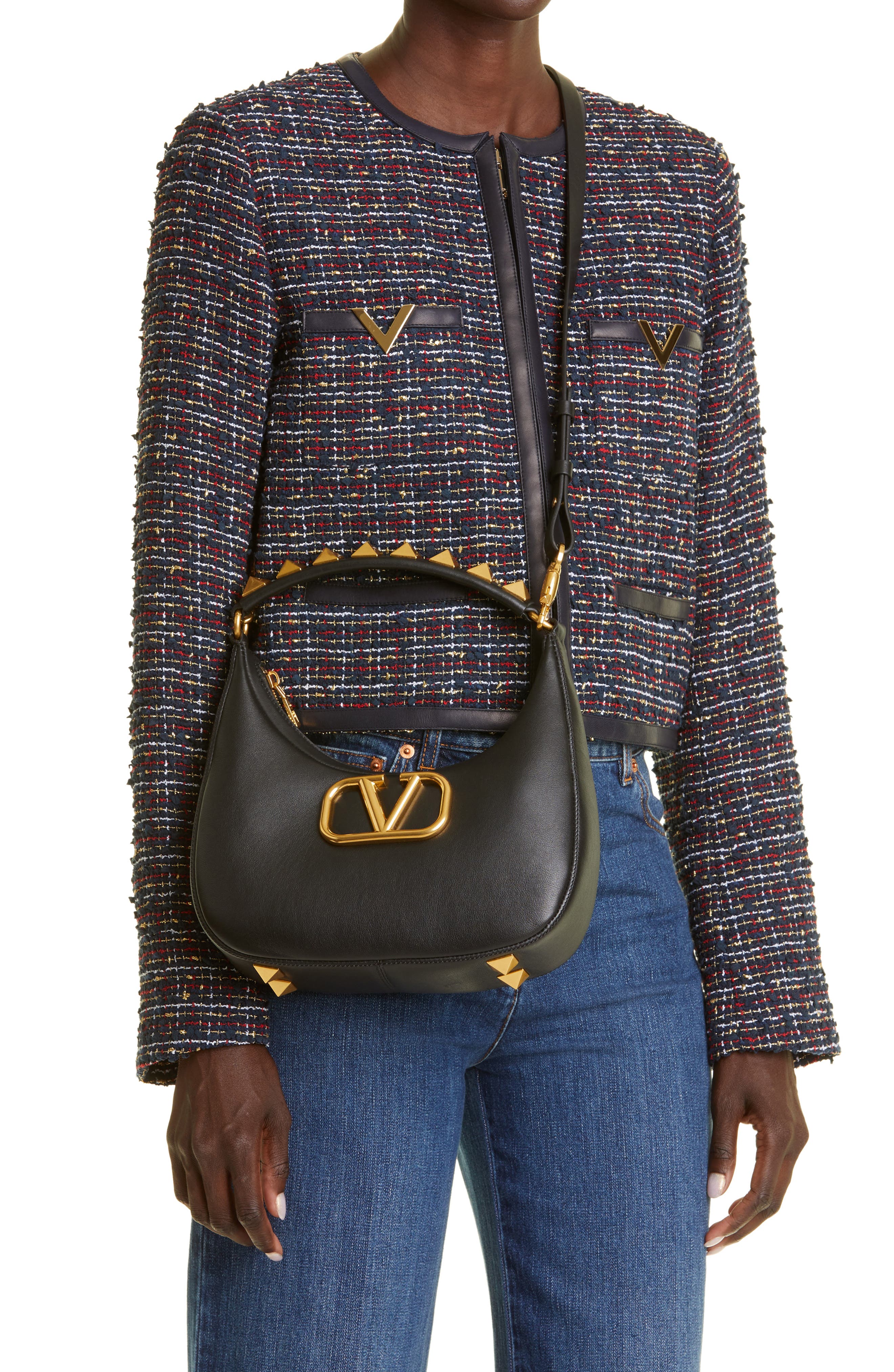 Valentino Garavani Small Stud Sign VLOGO Leather Hobo Bag, Alternate, color, 