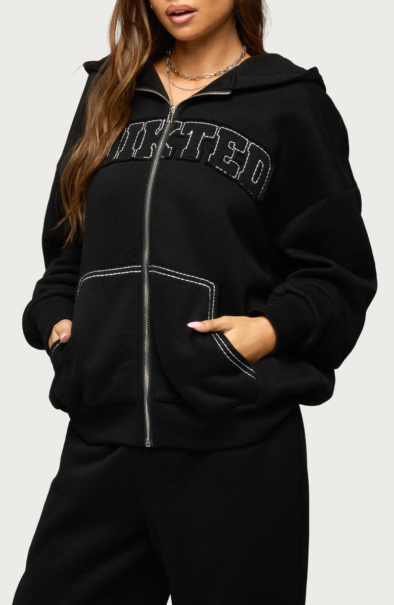 EDIKTED Forever Logo Appliqué Zip Hoodie, Alternate, color, Black