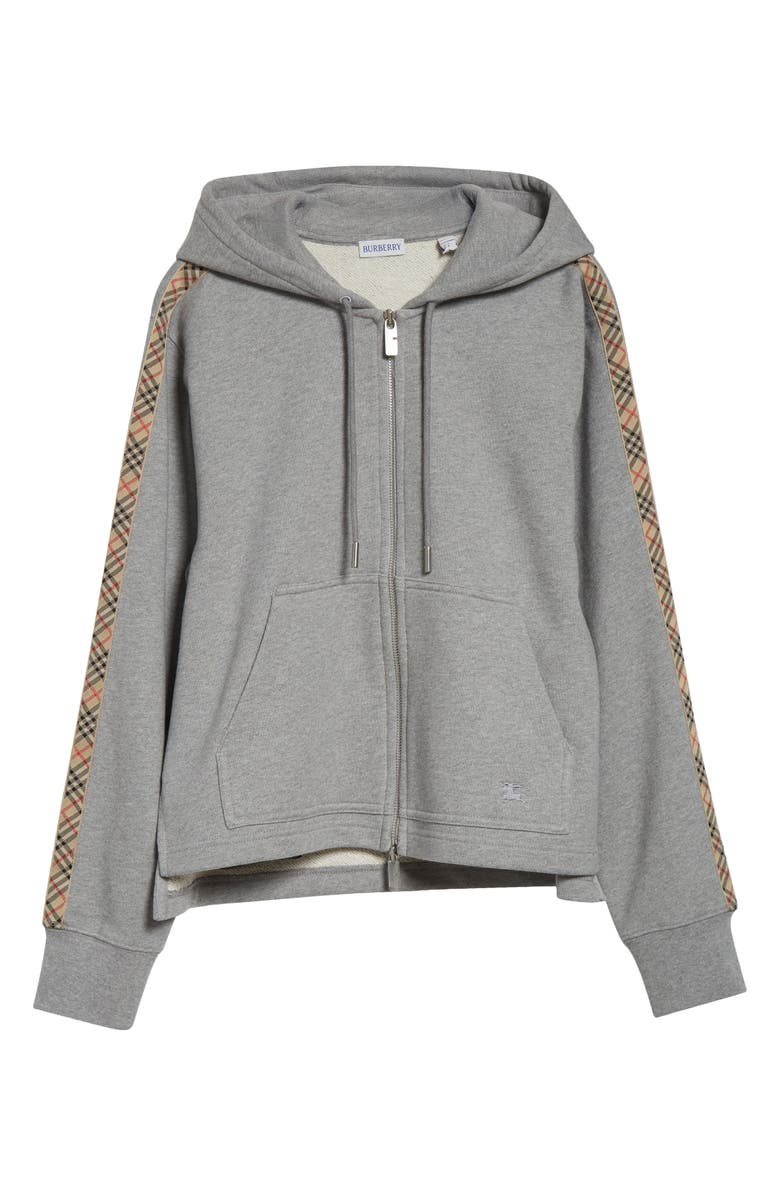 Burberry Harper Check Tape French Terry Full Zip Hoodie, Main, color, Pale Grey Melange
