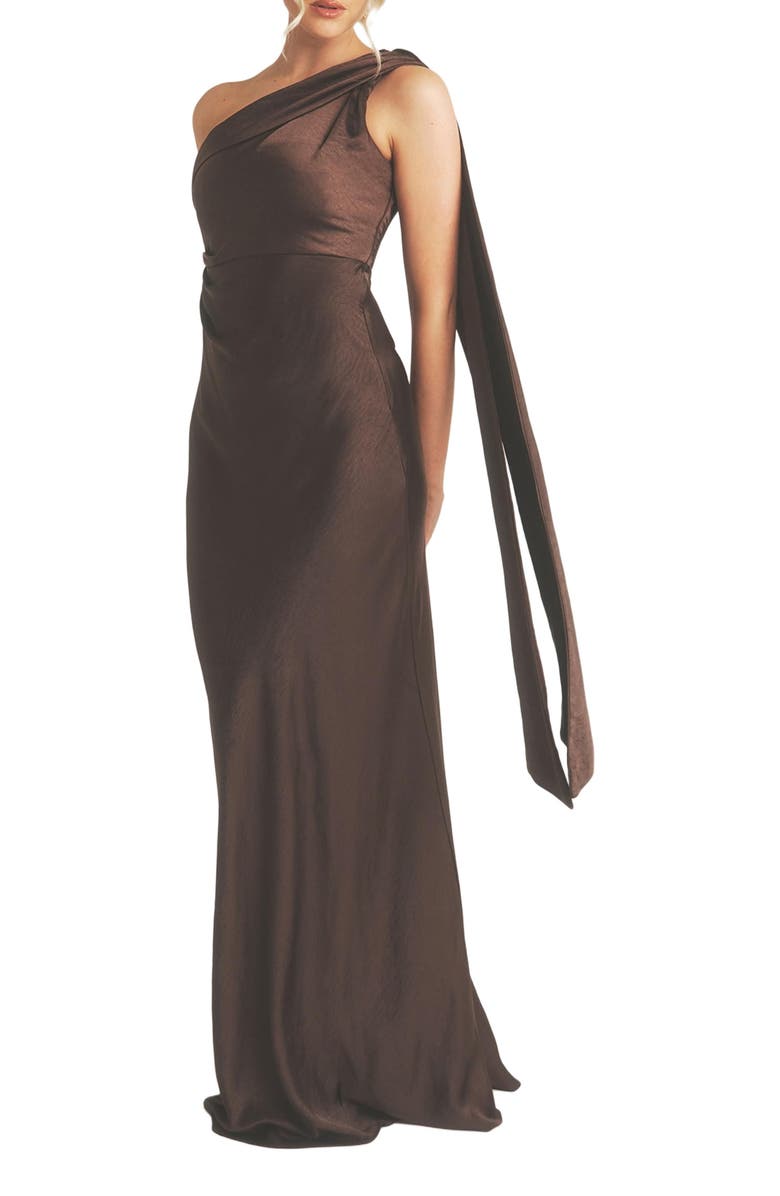 Six Stories One Shoulder Drape Bridesmaid Dress, Alternate, color, Chocolate