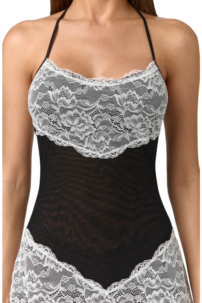 Lace & Mesh Halter Minidress, Alternate, color, BLACK