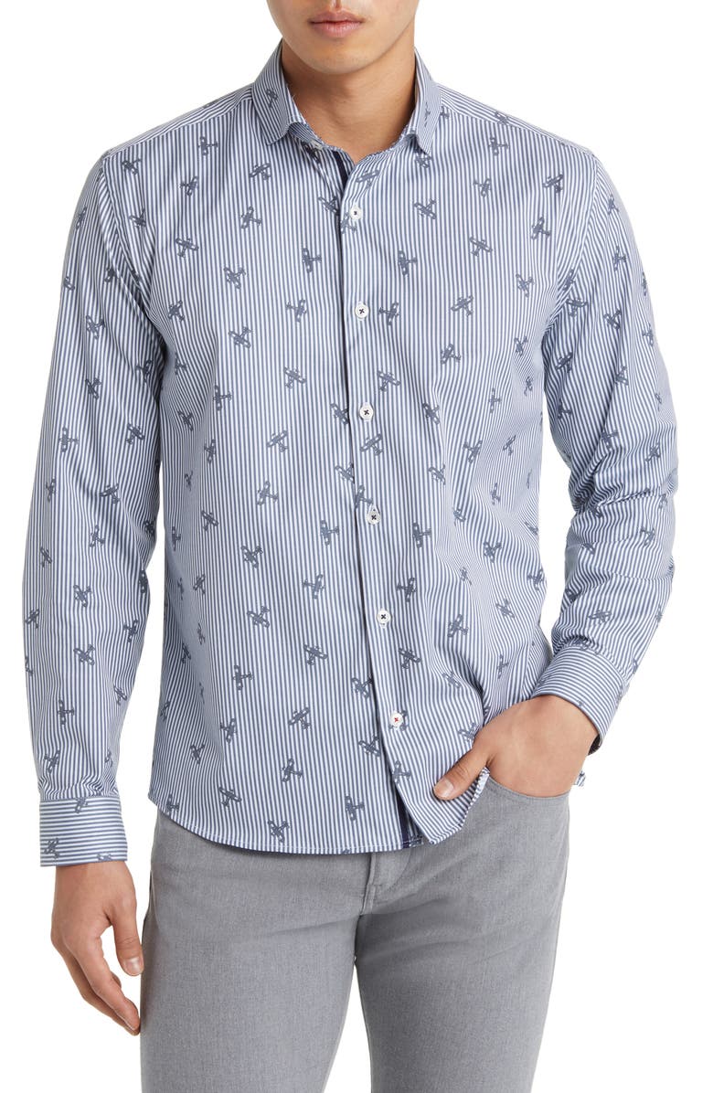 Stone Rose DRY TOUCH<sup>®</sup> Stripe Plane Print Performance Sateen Button-Up Shirt, Main, color, Navy