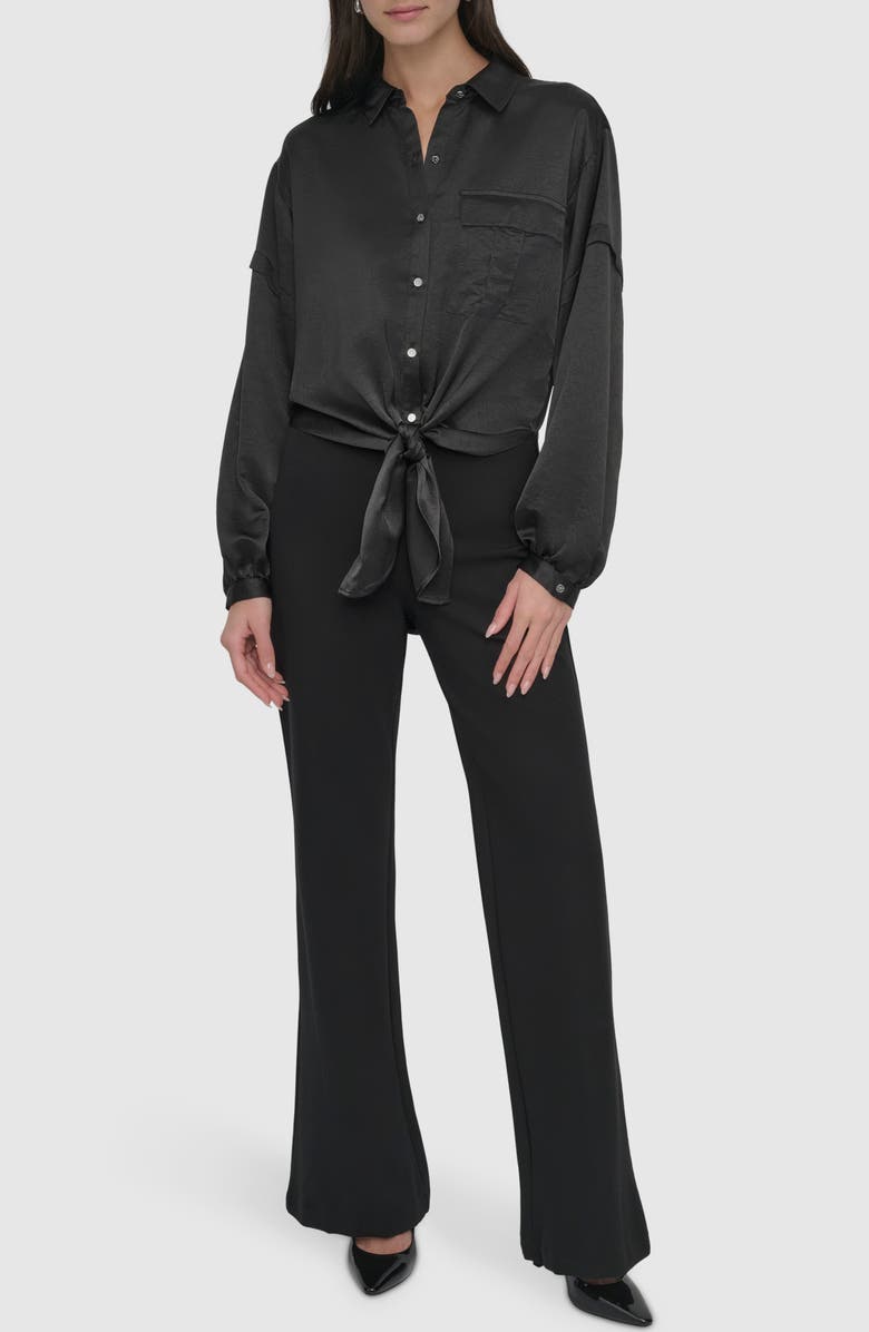 DKNY Tie Front Satin Shirt, Alternate, color, Black